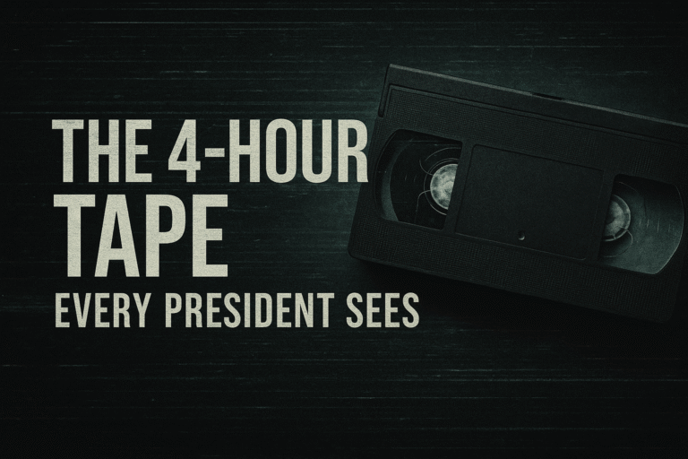 VHS tape labeled Top Secret, linked to the 4-Hour Tape theory shown to U.S. Presidents