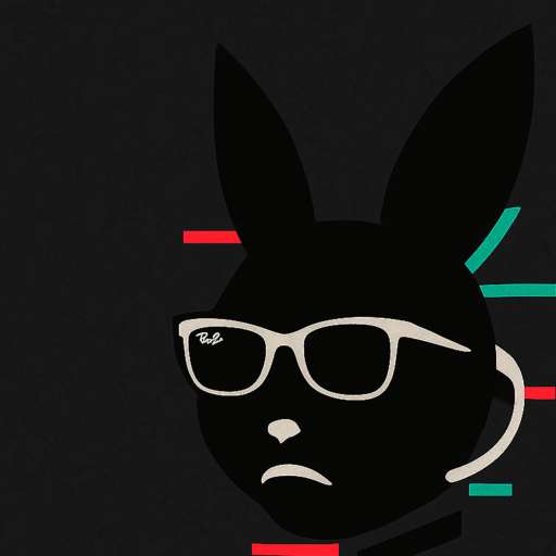 Stylized MIB-style bunny logo wearing 90s Ray-Ban sunglasses and a subtle grin, symbol of Rabbit Rift conspiracy blog